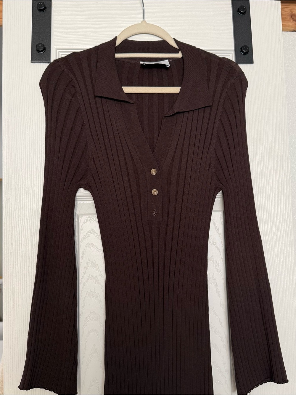Maternity Brown Ribbed Long-Sleeve Dress